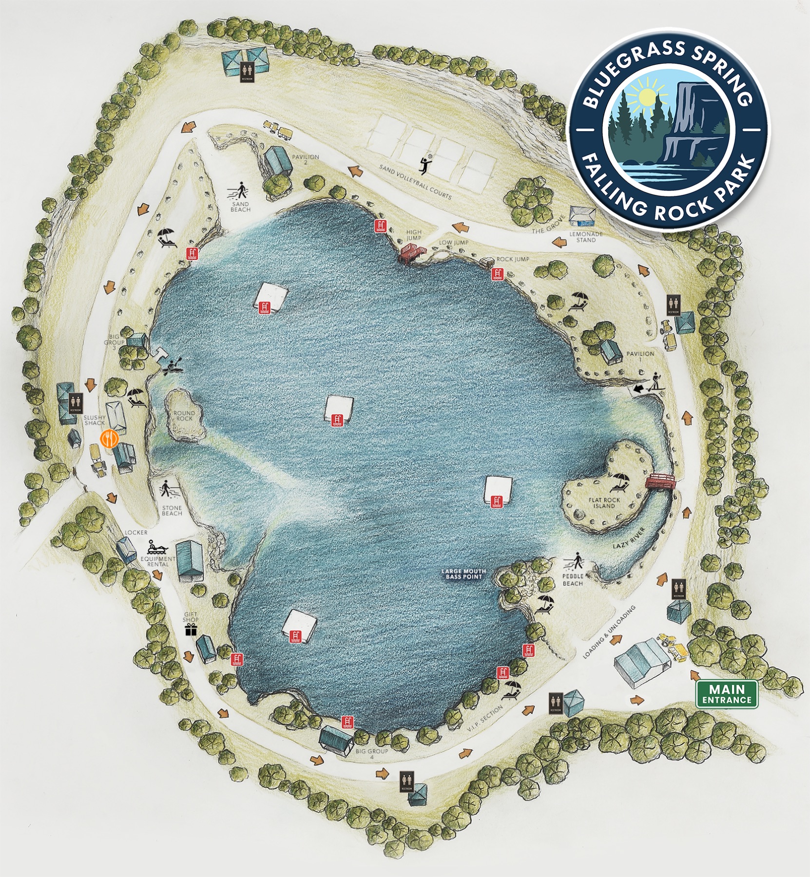 Illustrated overhead map of Bluegrass Spring at Falling Rock Park